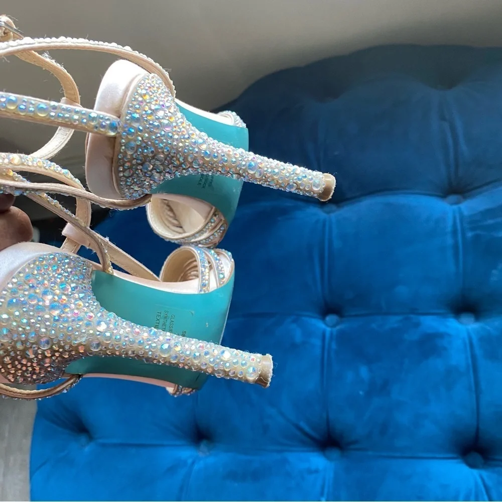 Betsey Johnson Nude Crystal Embellished T-Strap Heels
